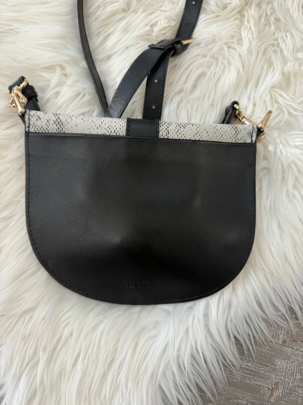 ABLE Fozi Slim Leather Crossbody Satchel Black & White Snake Print Ring Handba